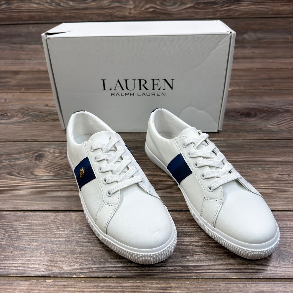 Ralph Lauren Womens Size 10 Janson II Sneaker White Leather Navy Stripe NEW
